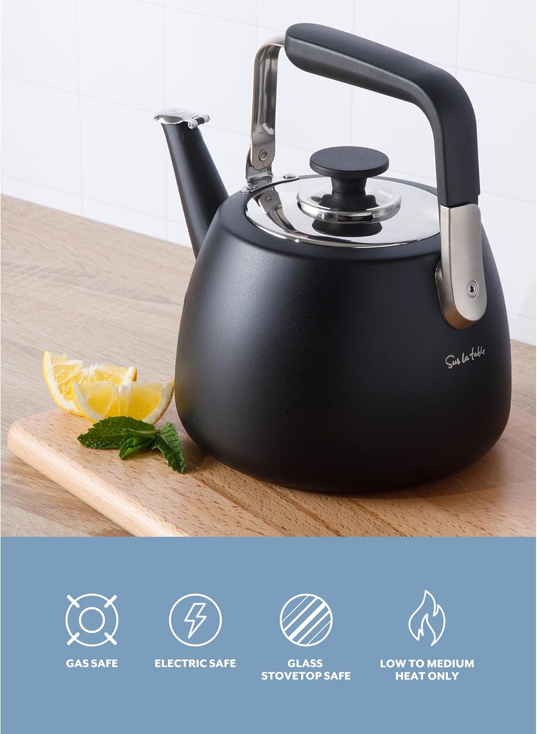 Large 2 QT Heavy Gauge Stainless Steel Whistling Tea Kettle in Matte Black by Sur La Table - Kitchen Essentials