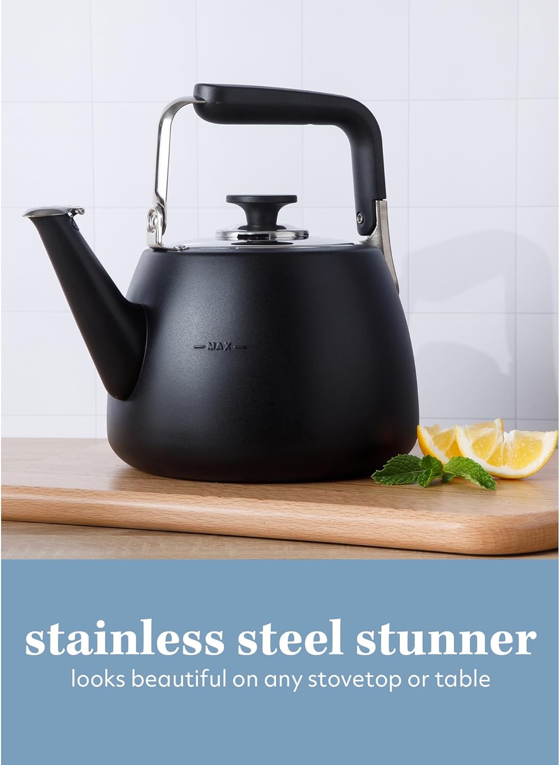 Large 2 QT Heavy Gauge Stainless Steel Whistling Tea Kettle in Matte Black by Sur La Table - Kitchen Essentials