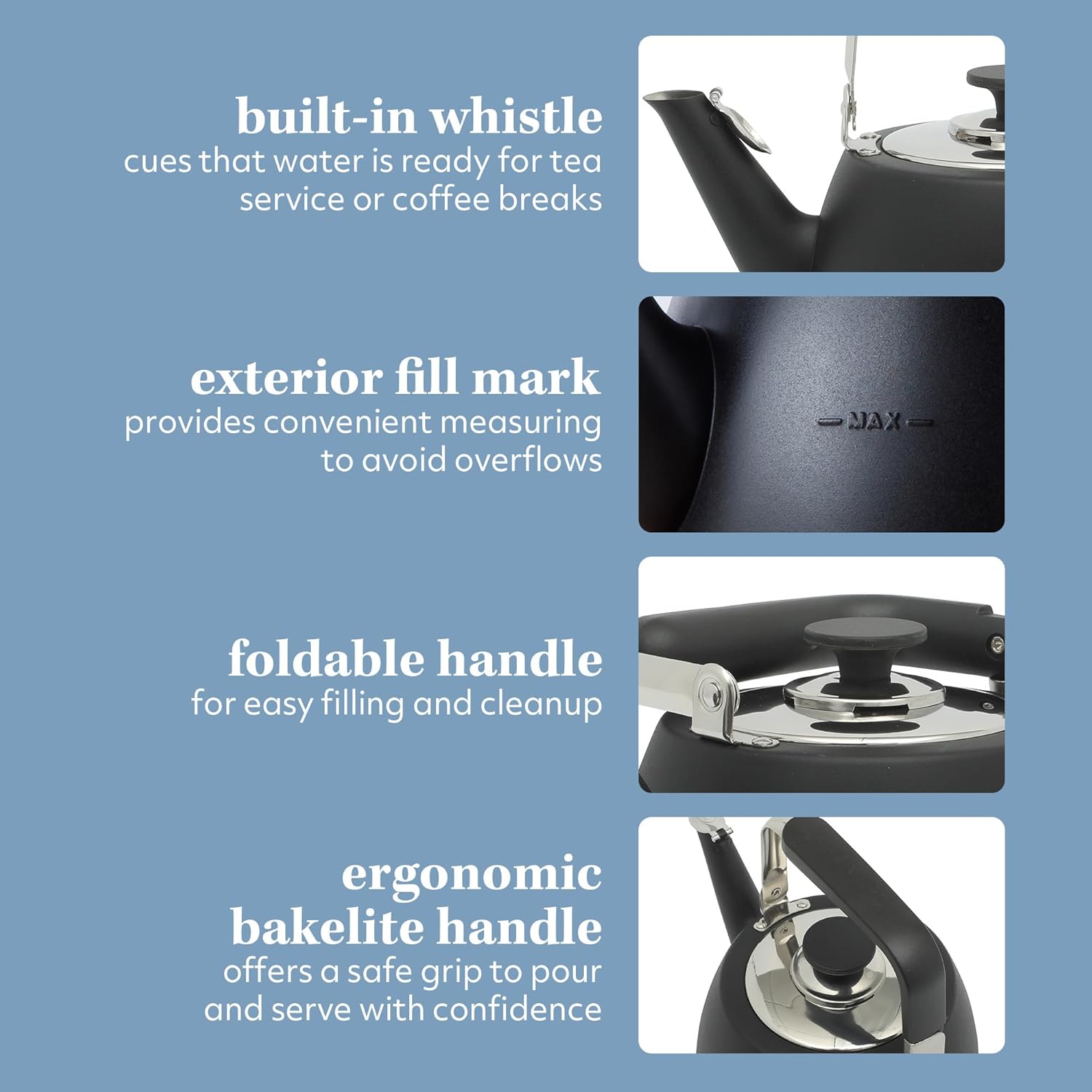Large 2 QT Heavy Gauge Stainless Steel Whistling Tea Kettle in Matte Black by Sur La Table - Kitchen Essentials