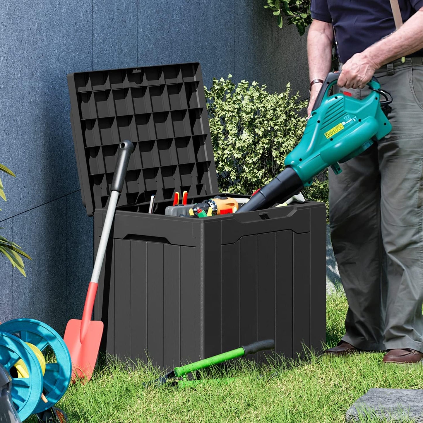 Large 31 Gallon Resin Deck Box for Patio Furniture & Garden Tools, Weatherproof, UV Resistant, Lockable with Master Lock Padlock