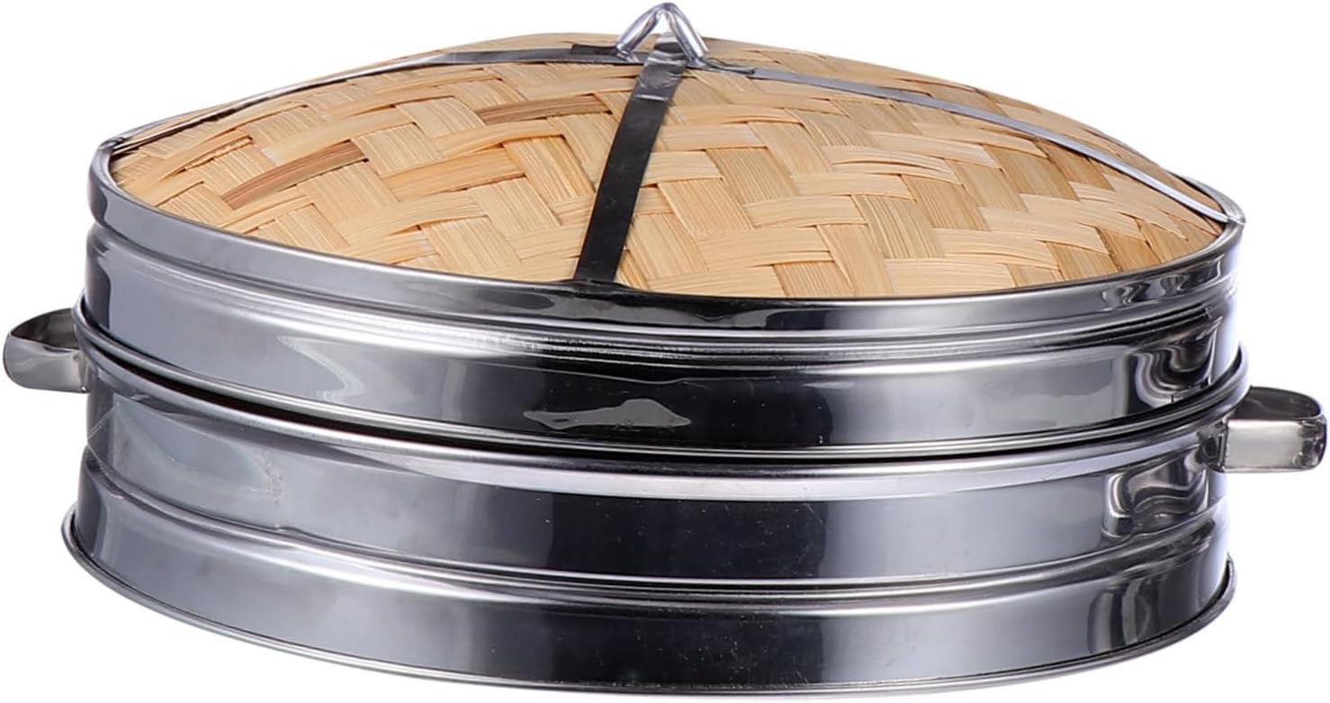 Large Bamboo Steamer with Double Ears for Dumplings - Stainless Steel Cookware for Steaming - Multifunctional Kitchen Gadgets