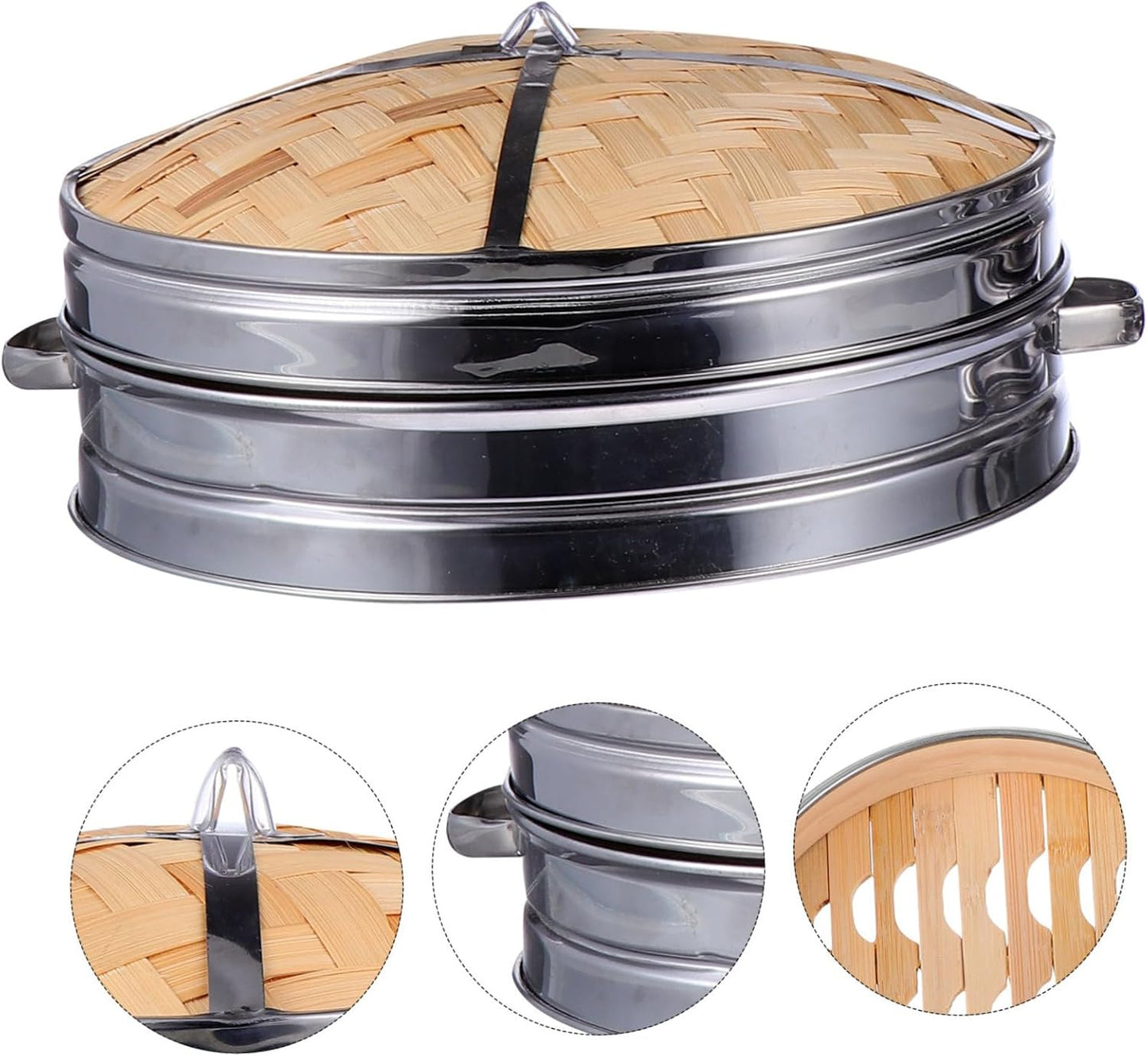 Large Bamboo Steamer with Double Ears for Dumplings - Stainless Steel Cookware for Steaming - Multifunctional Kitchen Gadgets