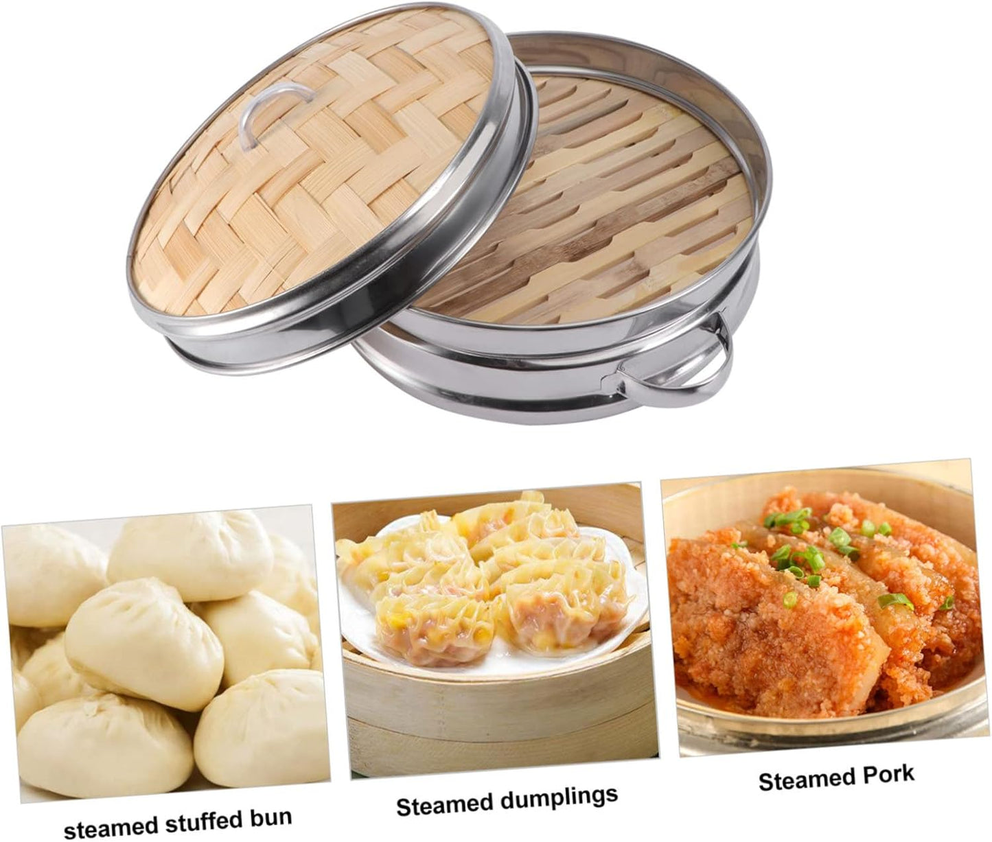 Large Bamboo Steamer with Double Ears for Dumplings - Stainless Steel Cookware for Steaming - Multifunctional Kitchen Gadgets