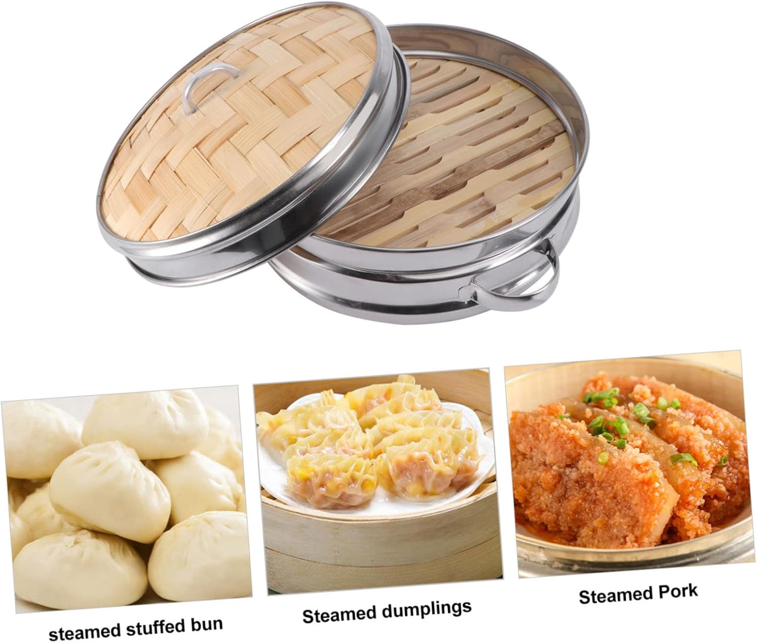 Large Bamboo Steamer with Double Ears for Dumplings - Stainless Steel Cookware for Steaming - Multifunctional Kitchen Gadgets