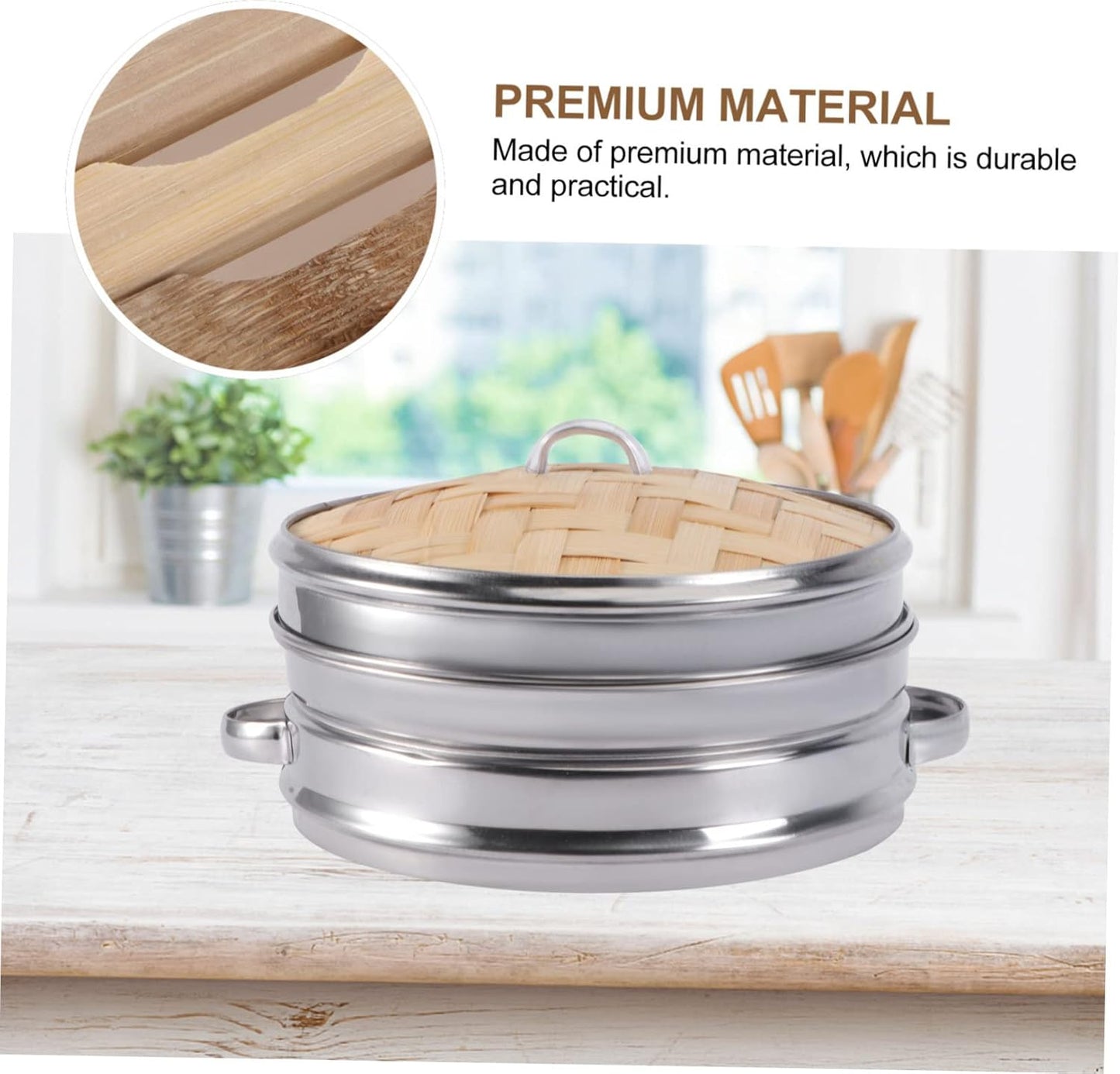 Large Bamboo Steamer with Double Ears for Dumplings - Stainless Steel Cookware for Steaming - Multifunctional Kitchen Gadgets