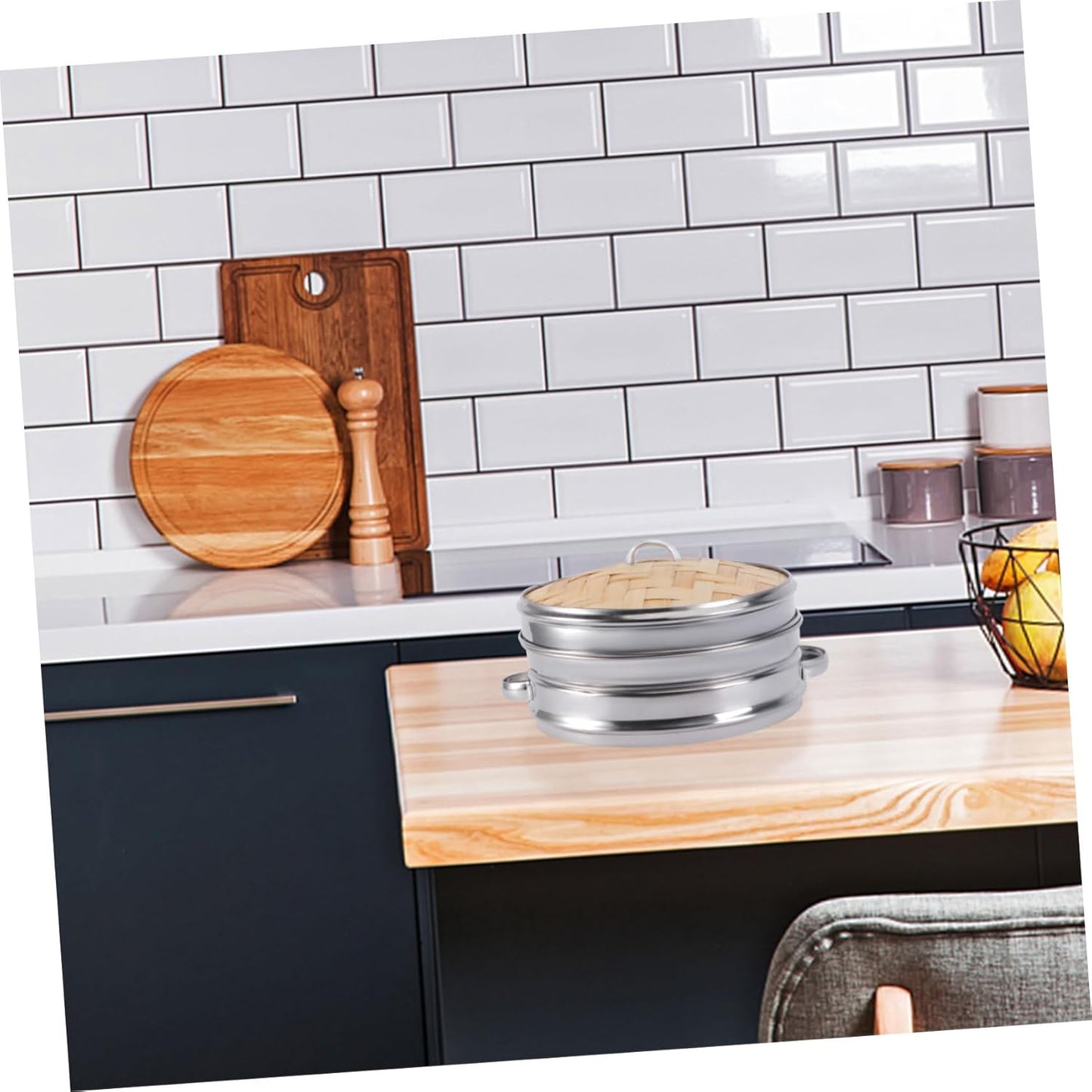 Large Bamboo Steamer with Double Ears for Dumplings - Stainless Steel Cookware for Steaming - Multifunctional Kitchen Gadgets