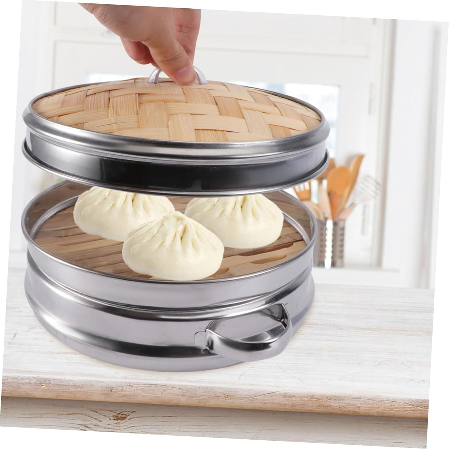 Large Bamboo Steamer with Double Ears for Dumplings - Stainless Steel Cookware for Steaming - Multifunctional Kitchen Gadgets