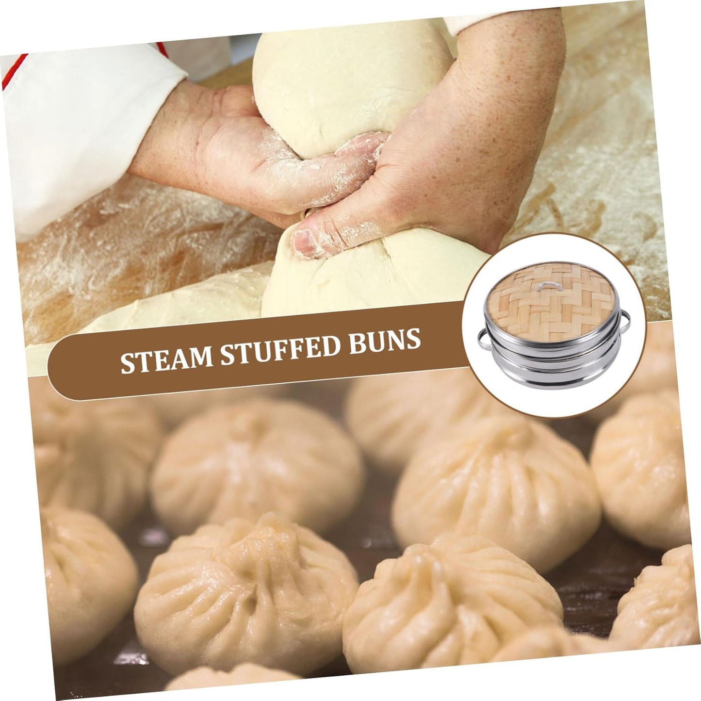 Large Bamboo Steamer with Double Ears for Dumplings - Stainless Steel Cookware for Steaming - Multifunctional Kitchen Gadgets