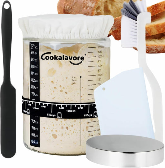 Large Capacity Cookalavore Sourdough Starter Jar Kit with Glass Jar, Cloth Cover, Spatula, Lid, Band, and Tracker - Baking Gifts