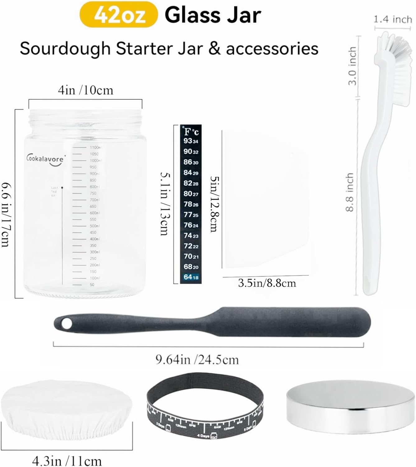 Large Capacity Cookalavore Sourdough Starter Jar Kit with Glass Jar, Cloth Cover, Spatula, Lid, Band, and Tracker - Baking Gifts