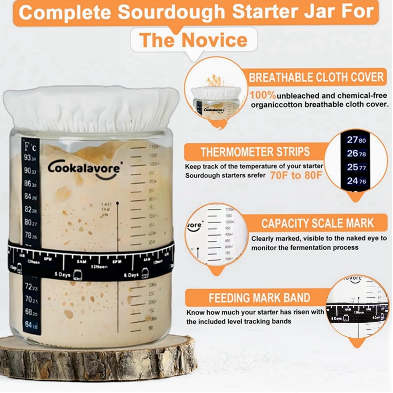 Large Capacity Cookalavore Sourdough Starter Jar Kit with Glass Jar, Cloth Cover, Spatula, Lid, Band, and Tracker - Baking Gifts