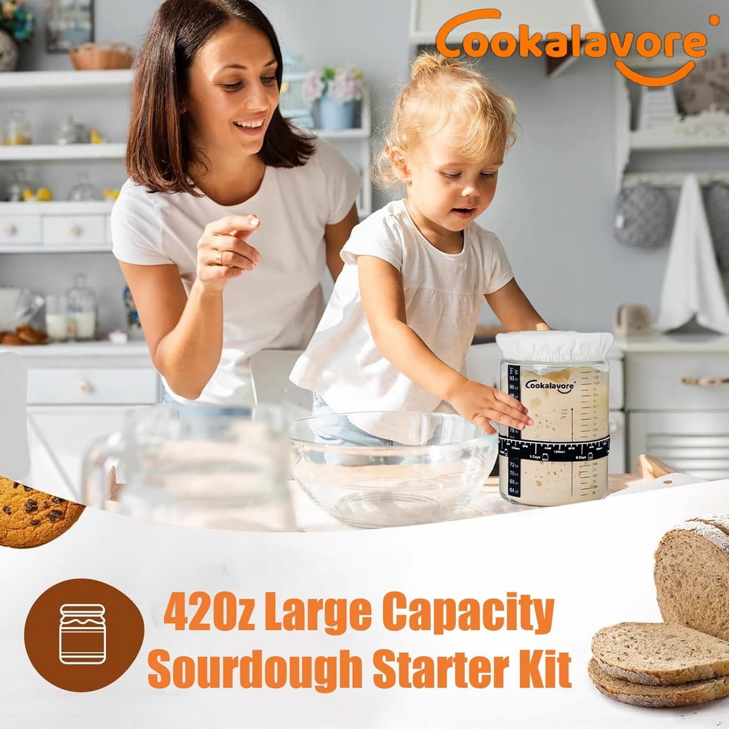 Large Capacity Cookalavore Sourdough Starter Jar Kit with Glass Jar, Cloth Cover, Spatula, Lid, Band, and Tracker - Baking Gifts