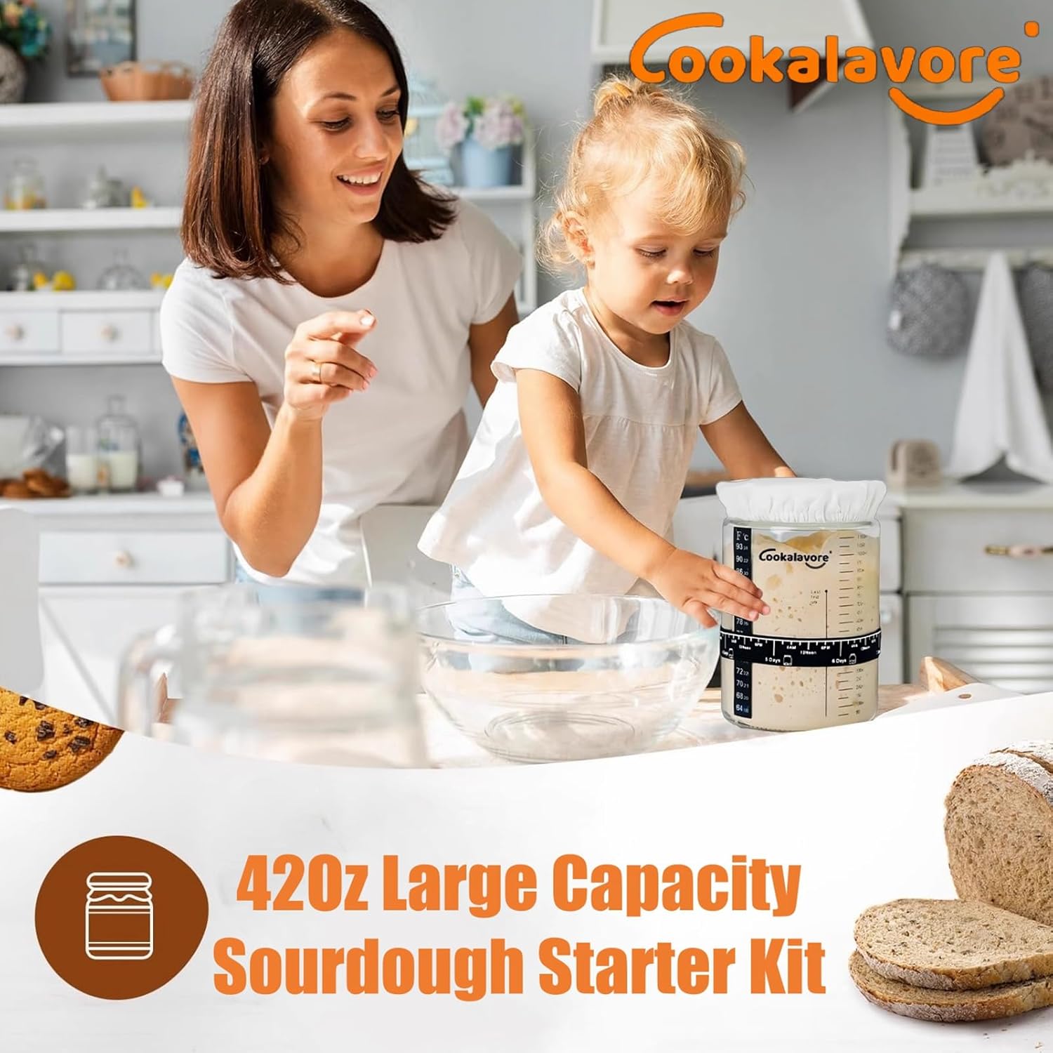 Large Capacity Cookalavore Sourdough Starter Jar Kit with Glass Jar, Cloth Cover, Spatula, Lid, Band, and Tracker - Baking Gifts