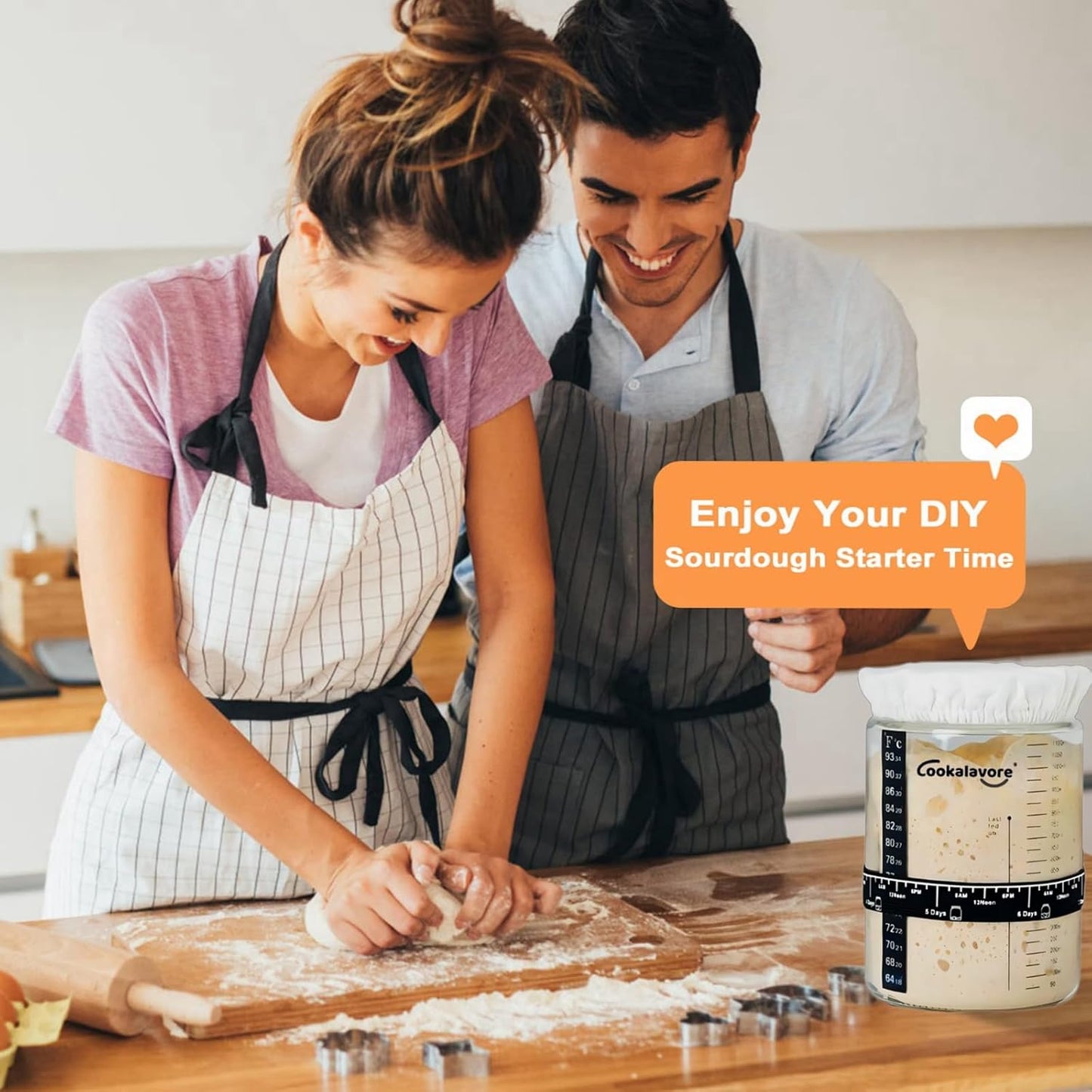 Large Capacity Cookalavore Sourdough Starter Jar Kit with Glass Jar, Cloth Cover, Spatula, Lid, Band, and Tracker - Baking Gifts