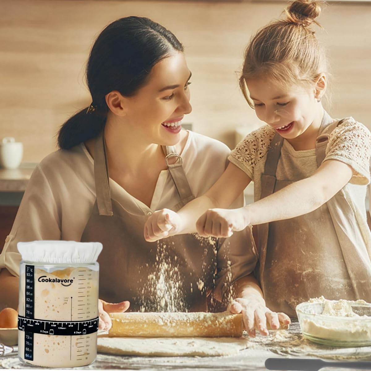 Large Capacity Cookalavore Sourdough Starter Jar Kit with Glass Jar, Cloth Cover, Spatula, Lid, Band, and Tracker - Baking Gifts