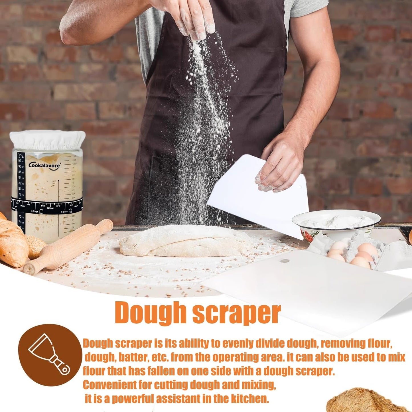 Large Capacity Cookalavore Sourdough Starter Jar Kit with Glass Jar, Cloth Cover, Spatula, Lid, Band, and Tracker - Baking Gifts