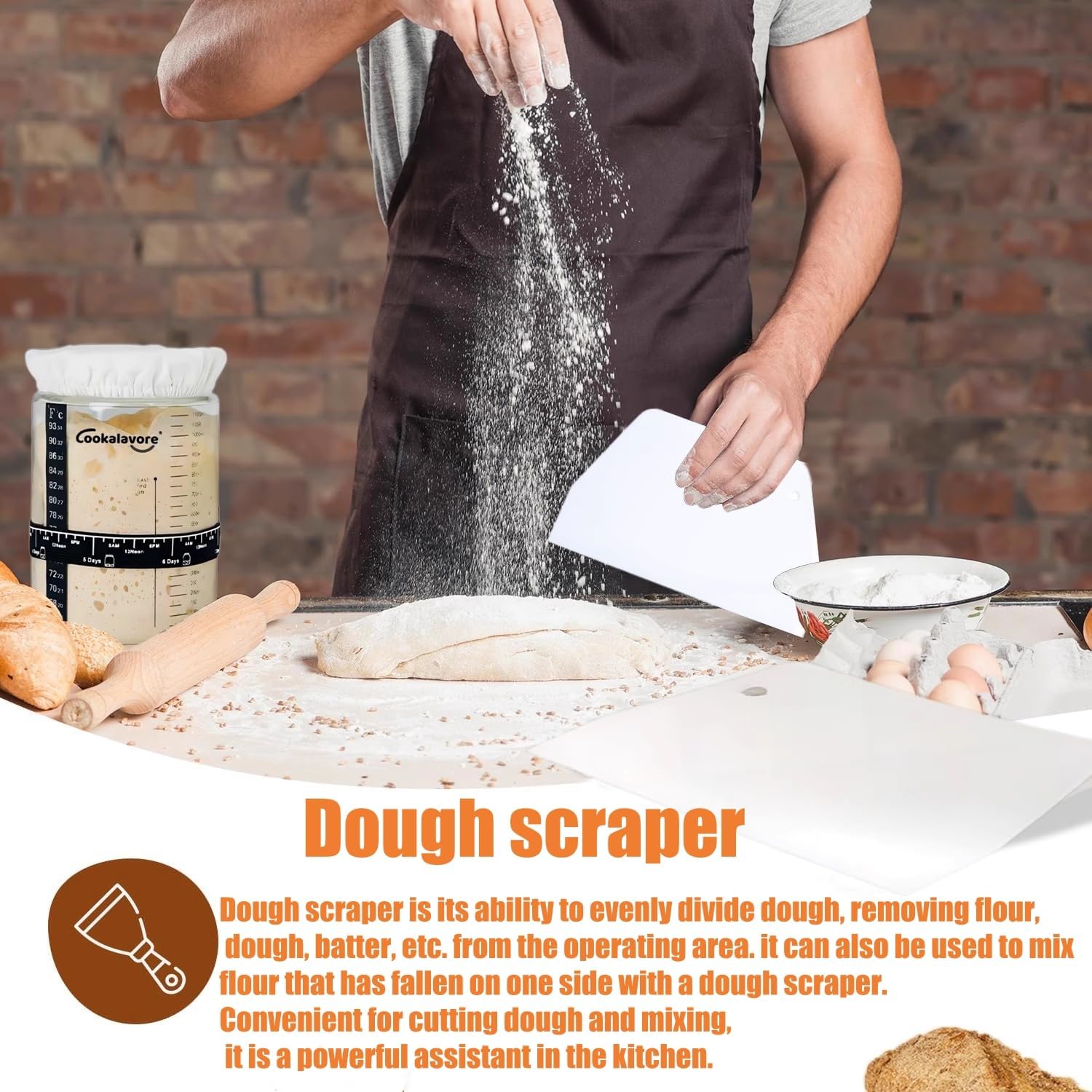 Large Capacity Cookalavore Sourdough Starter Jar Kit with Glass Jar, Cloth Cover, Spatula, Lid, Band, and Tracker - Baking Gifts