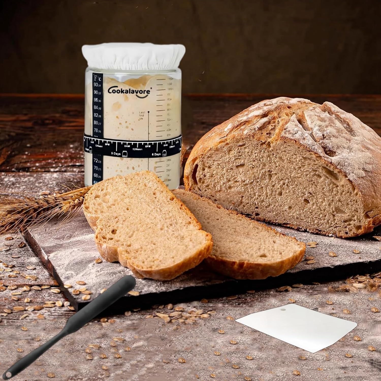 Large Capacity Cookalavore Sourdough Starter Jar Kit with Glass Jar, Cloth Cover, Spatula, Lid, Band, and Tracker - Baking Gifts