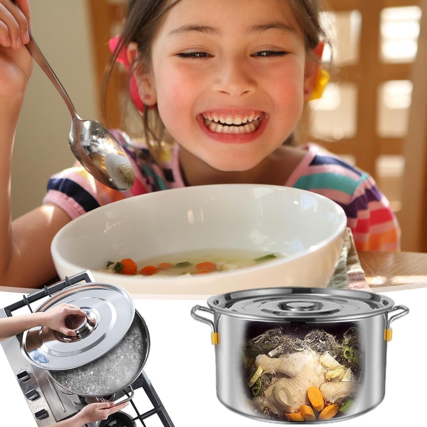 Large Capacity Stainless Steel Stock Pot for Cooking Rice, Noodles, Soup, and More - Durable Steamer Cookware with Lid