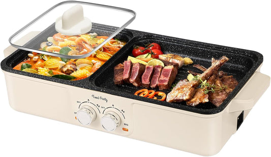 Large Electric 2 in 1 Korean BBQ Grill & Hot Pot with Smokeless Cooking - Non Stick Indoor Electric Cooker for Shabu Shabu Parties