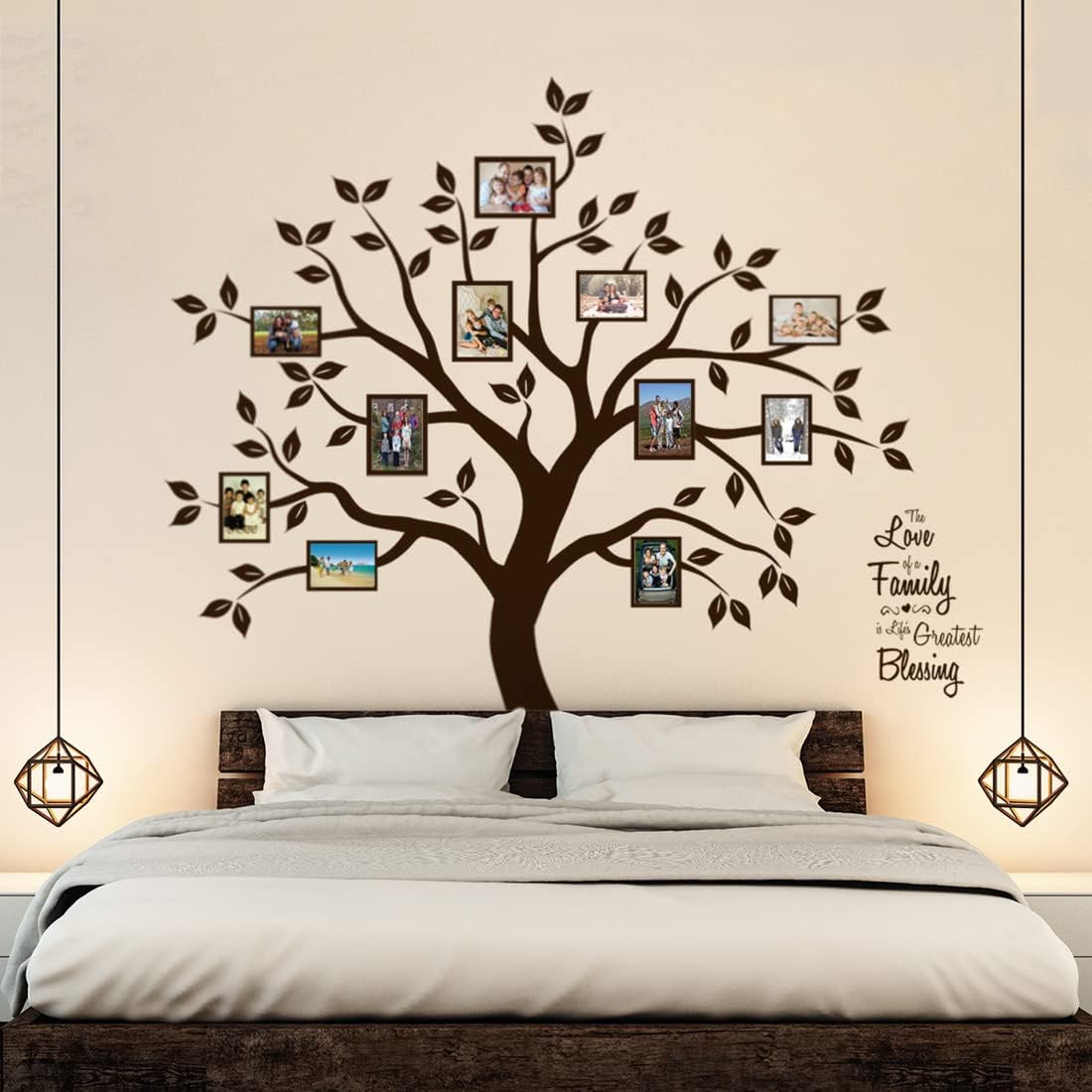Large Family Tree Wall Decor Decals in Dark Brown Vinyl - Sweet Family Saying Collage Frame Stickers for Living Room