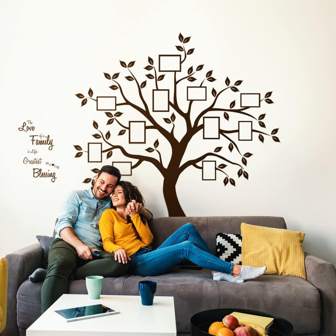 Large Family Tree Wall Decor Decals in Dark Brown Vinyl - Sweet Family Saying Collage Frame Stickers for Living Room