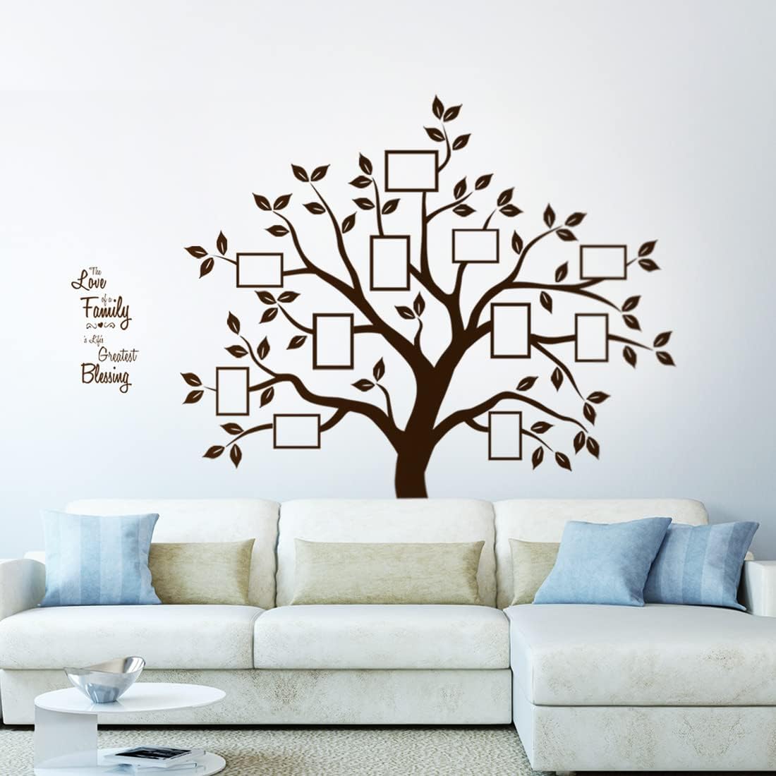 Large Family Tree Wall Decor Decals in Dark Brown Vinyl - Sweet Family Saying Collage Frame Stickers for Living Room