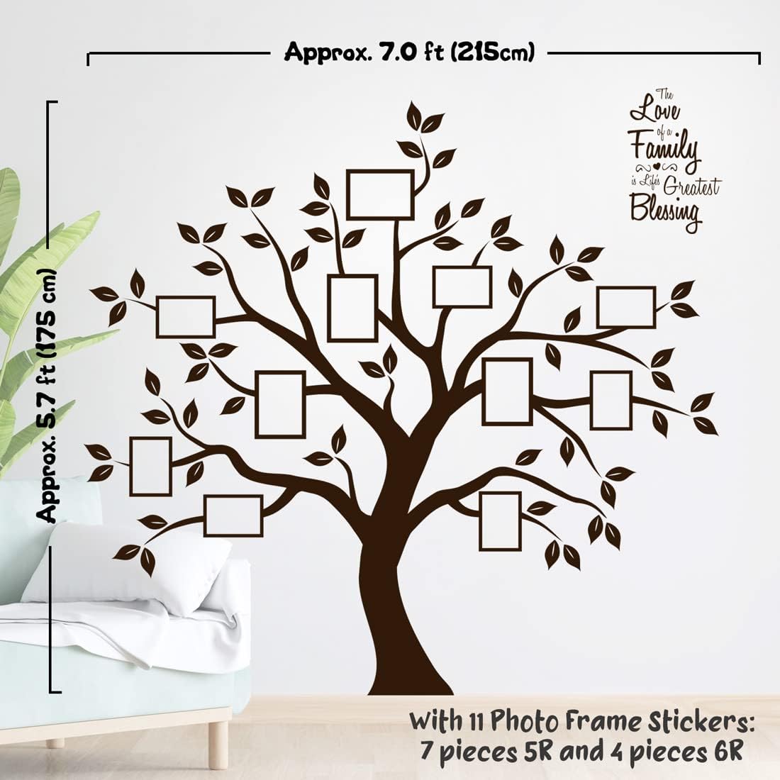 Large Family Tree Wall Decor Decals in Dark Brown Vinyl - Sweet Family Saying Collage Frame Stickers for Living Room