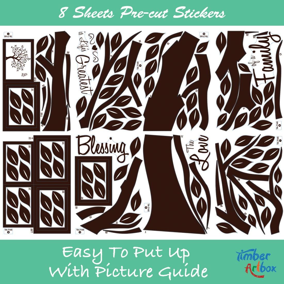 Large Family Tree Wall Decor Decals in Dark Brown Vinyl - Sweet Family Saying Collage Frame Stickers for Living Room