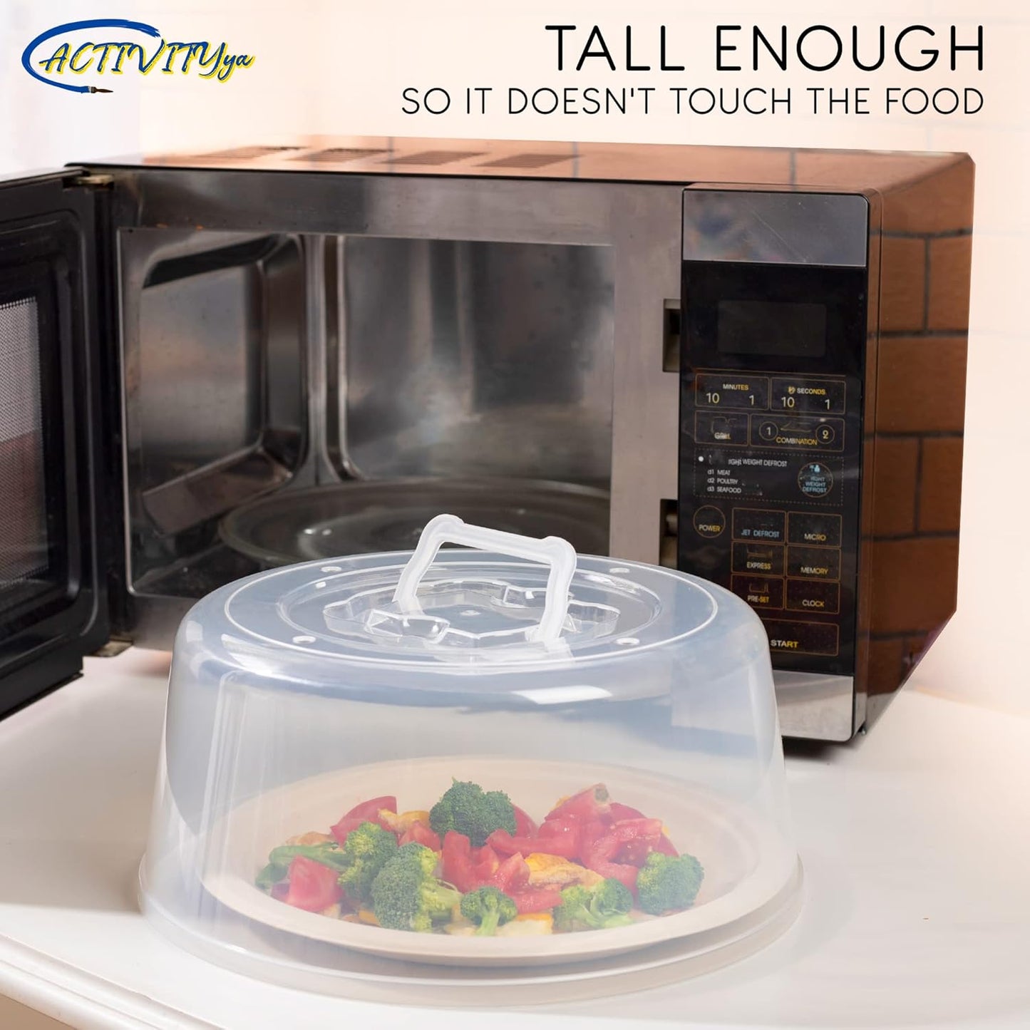 Large Microwave Splatter Guard Lid with Easy Grip Handle - Clear Plastic - BPA Free & Dishwasher Safe - 11.5" x 5" Tall