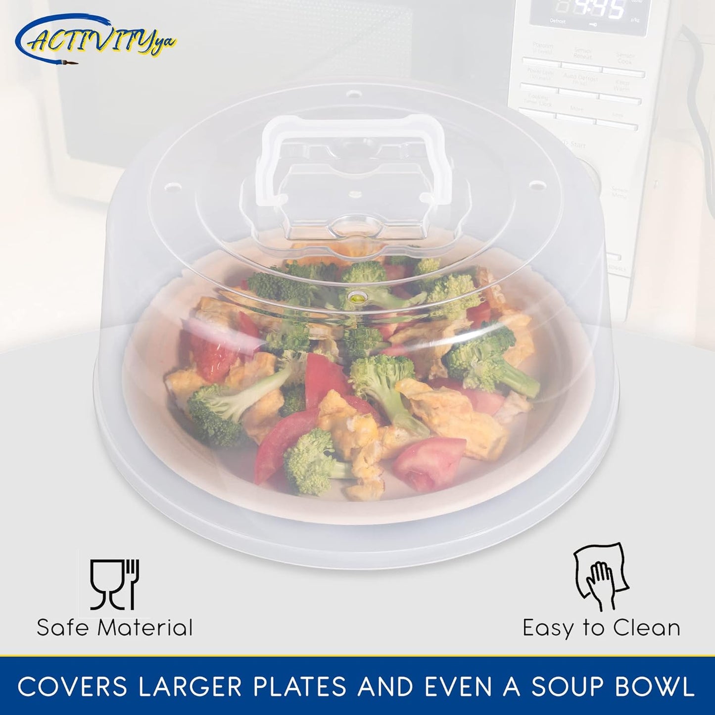 Large Microwave Splatter Guard Lid with Easy Grip Handle - Clear Plastic - BPA Free & Dishwasher Safe - 11.5" x 5" Tall
