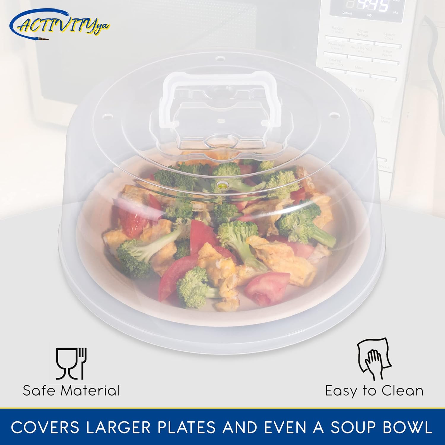 Large Microwave Splatter Guard Lid with Easy Grip Handle - Clear Plastic - BPA Free & Dishwasher Safe - 11.5" x 5" Tall