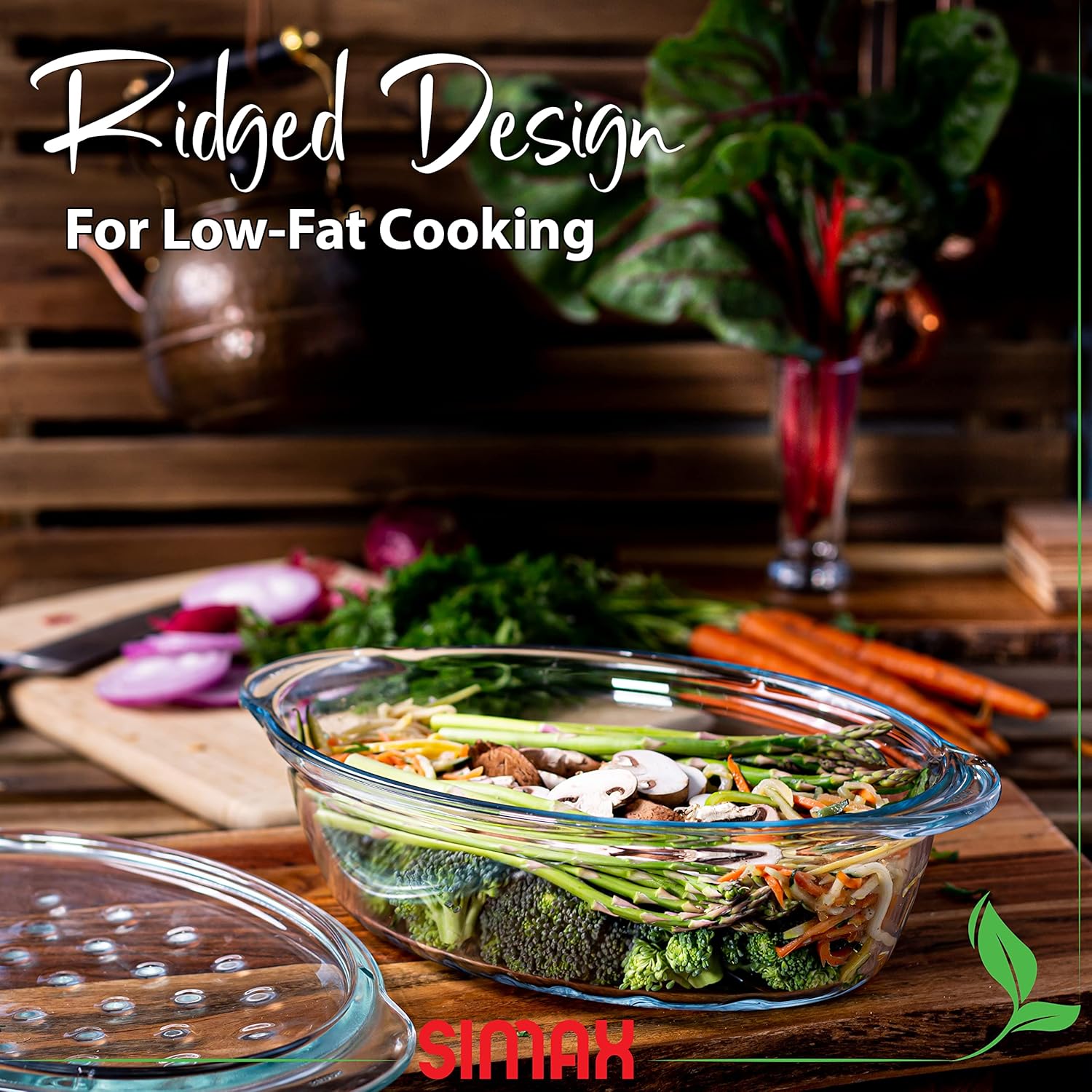 Large Oval Borosilicate Glass Casserole Dish with Lid - 3 Qt Baking Dish for Oven - Covered Casserole with Ridges - Ideal for Bakers