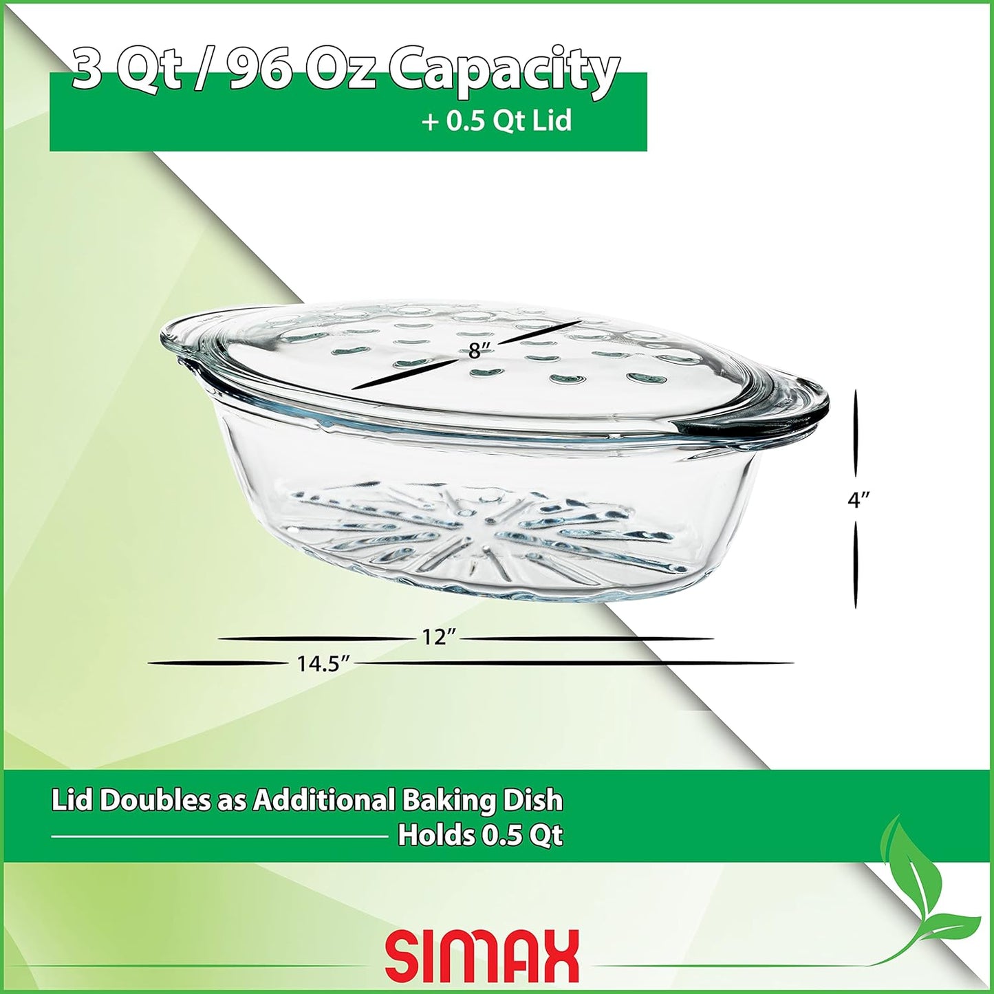 Large Oval Borosilicate Glass Casserole Dish with Lid - 3 Qt Baking Dish for Oven - Covered Casserole with Ridges - Ideal for Bakers