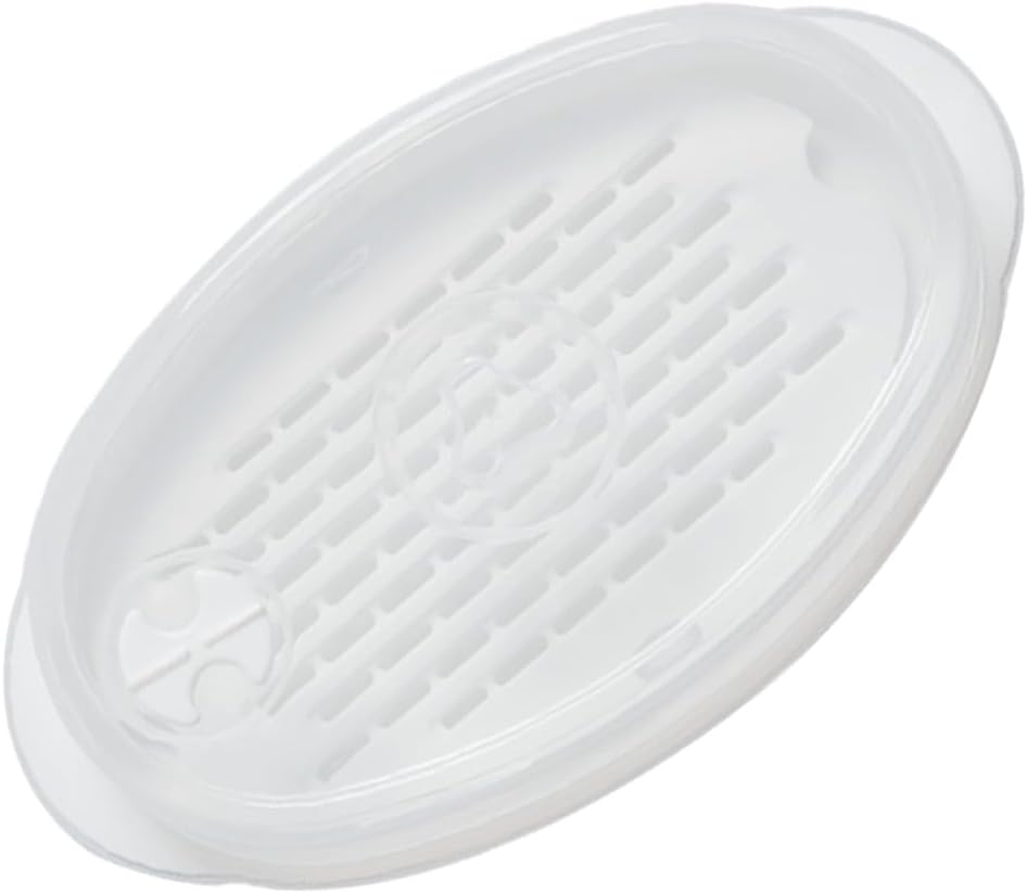Large Oval Microwave Steamer Plate with Lid for Steamed Fish and Veggies - White PP Fish Serving Pan for Kitchen Steaming