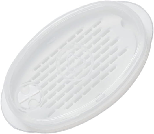 Large Oval Microwave Steamer Plate with Lid for Steamed Fish and Veggies - White PP Fish Serving Pan for Kitchen Steaming