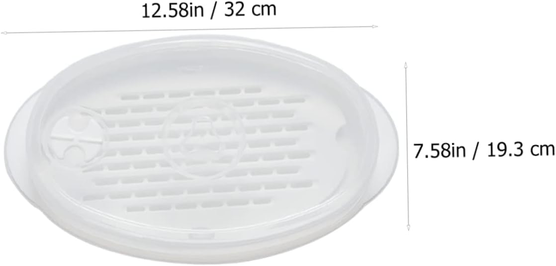 Large Oval Microwave Steamer Plate with Lid for Steamed Fish and Veggies - White PP Fish Serving Pan for Kitchen Steaming