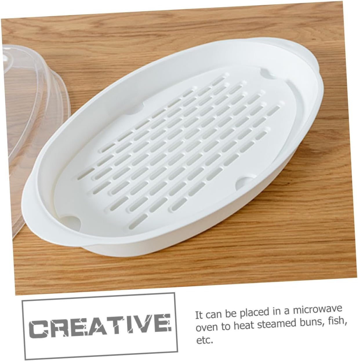 Large Oval Microwave Steamer Plate with Lid for Steamed Fish and Veggies - White PP Fish Serving Pan for Kitchen Steaming