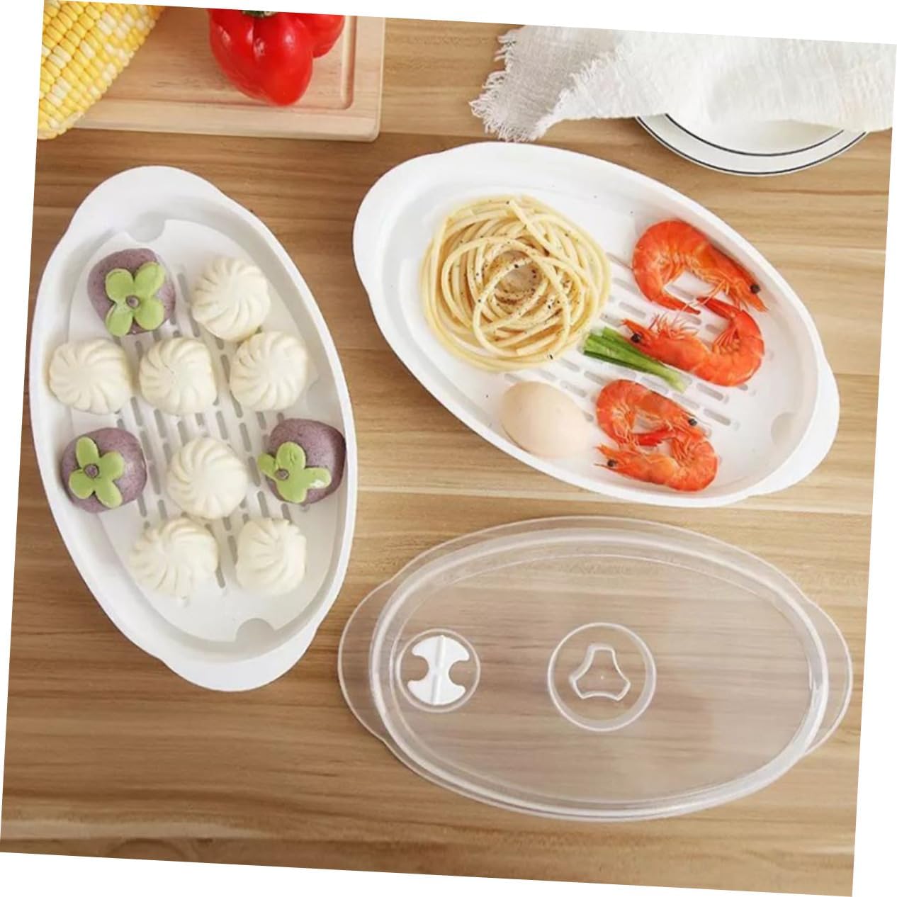 Large Oval Microwave Steamer Plate with Lid for Steamed Fish and Veggies - White PP Fish Serving Pan for Kitchen Steaming