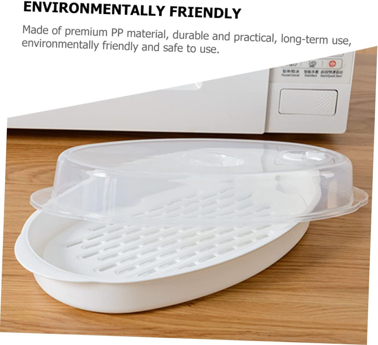 Large Oval Microwave Steamer Plate with Lid for Steamed Fish and Veggies - White PP Fish Serving Pan for Kitchen Steaming