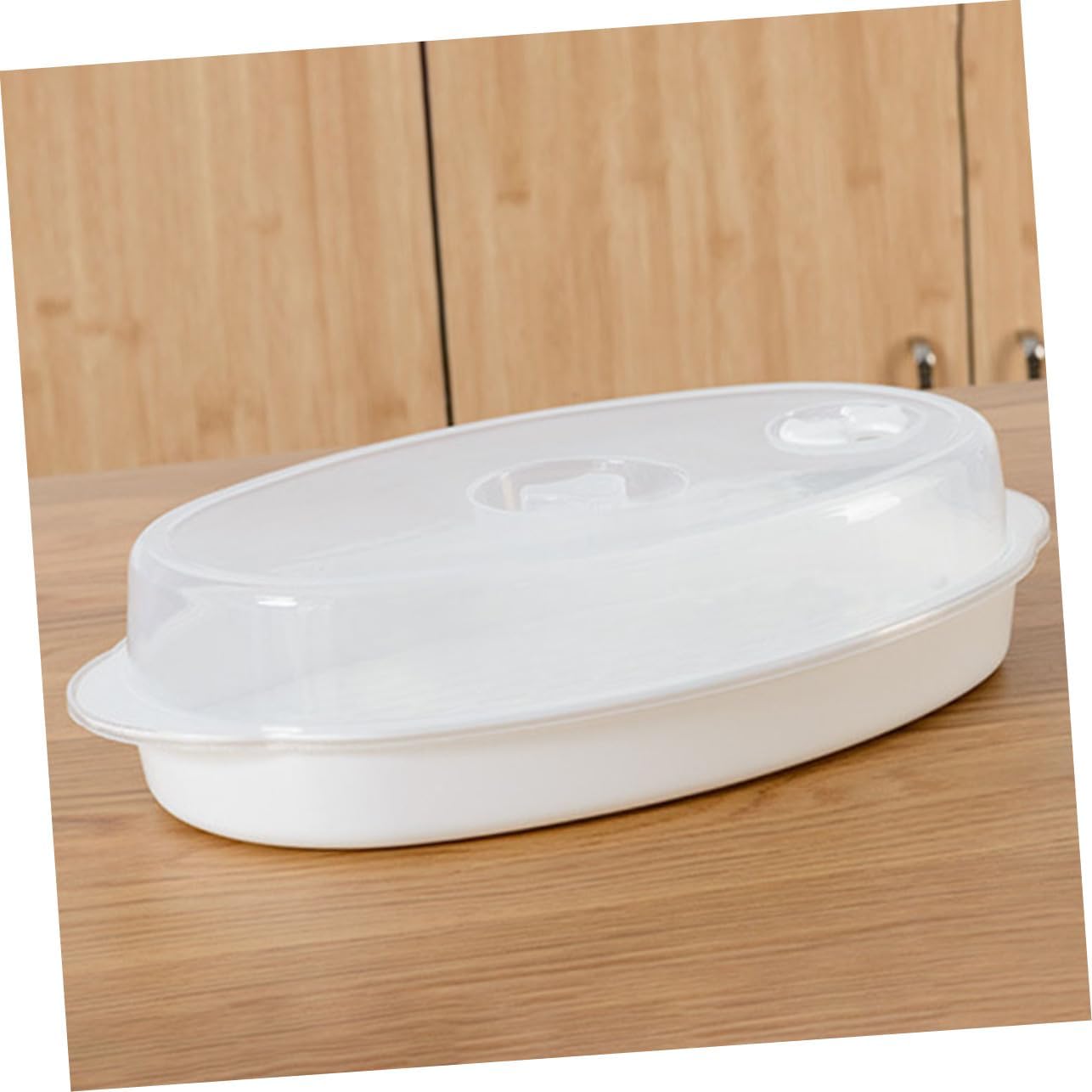 Large Oval Microwave Steamer Plate with Lid for Steamed Fish and Veggies - White PP Fish Serving Pan for Kitchen Steaming