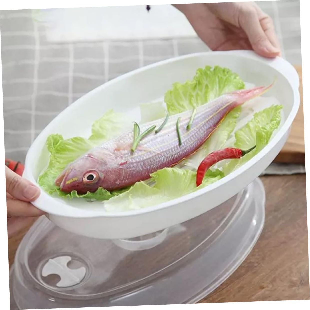 Large Oval Microwave Steamer Plate with Lid for Steamed Fish and Veggies - White PP Fish Serving Pan for Kitchen Steaming