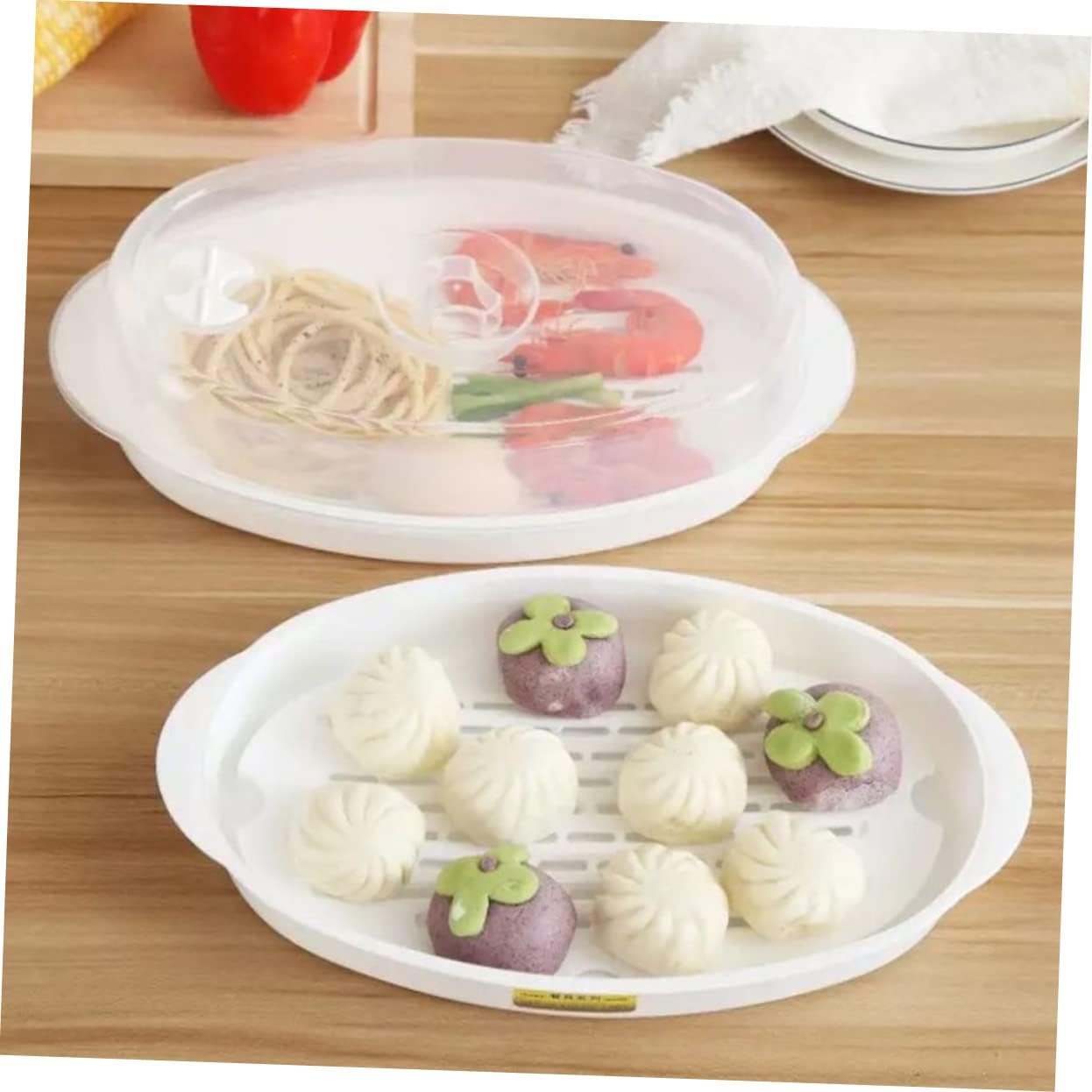Large Oval Microwave Steamer Plate with Lid for Steamed Fish and Veggies - White PP Fish Serving Pan for Kitchen Steaming
