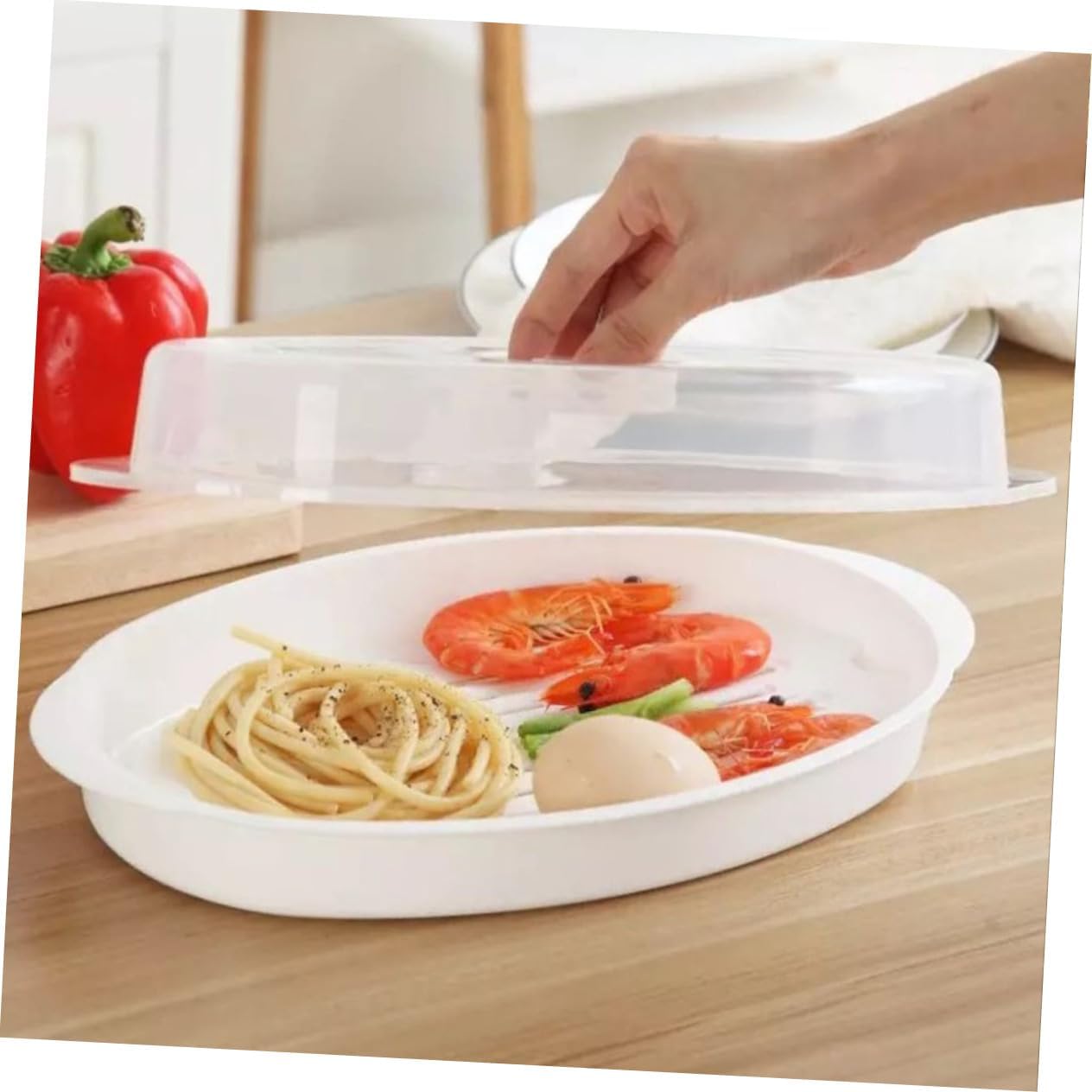Large Oval Microwave Steamer Plate with Lid for Steamed Fish and Veggies - White PP Fish Serving Pan for Kitchen Steaming