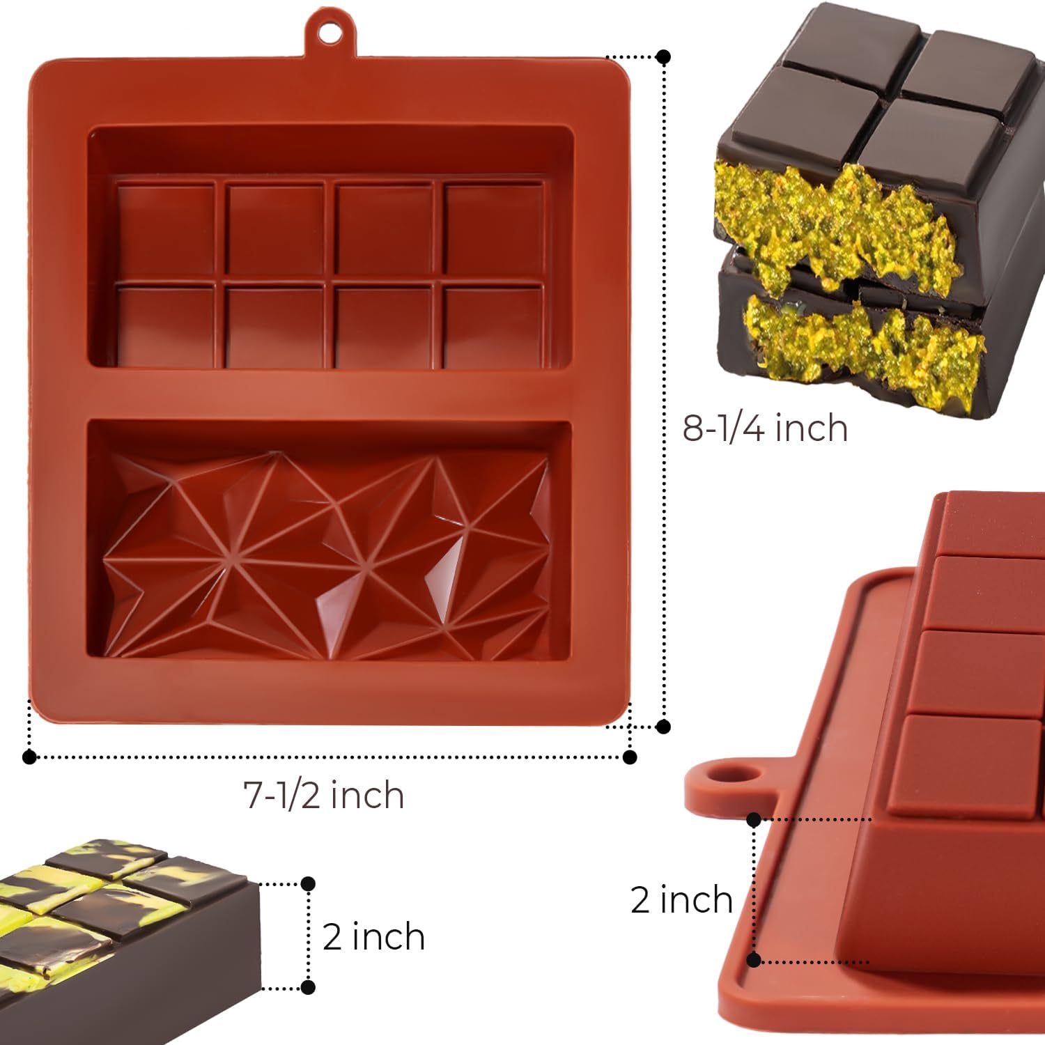 Large Pistachio Chocolate Bar Silicone Mold for Filling - Deep Dubai 2 Inch Thick Mold for Stuffed Bars by UWILLION