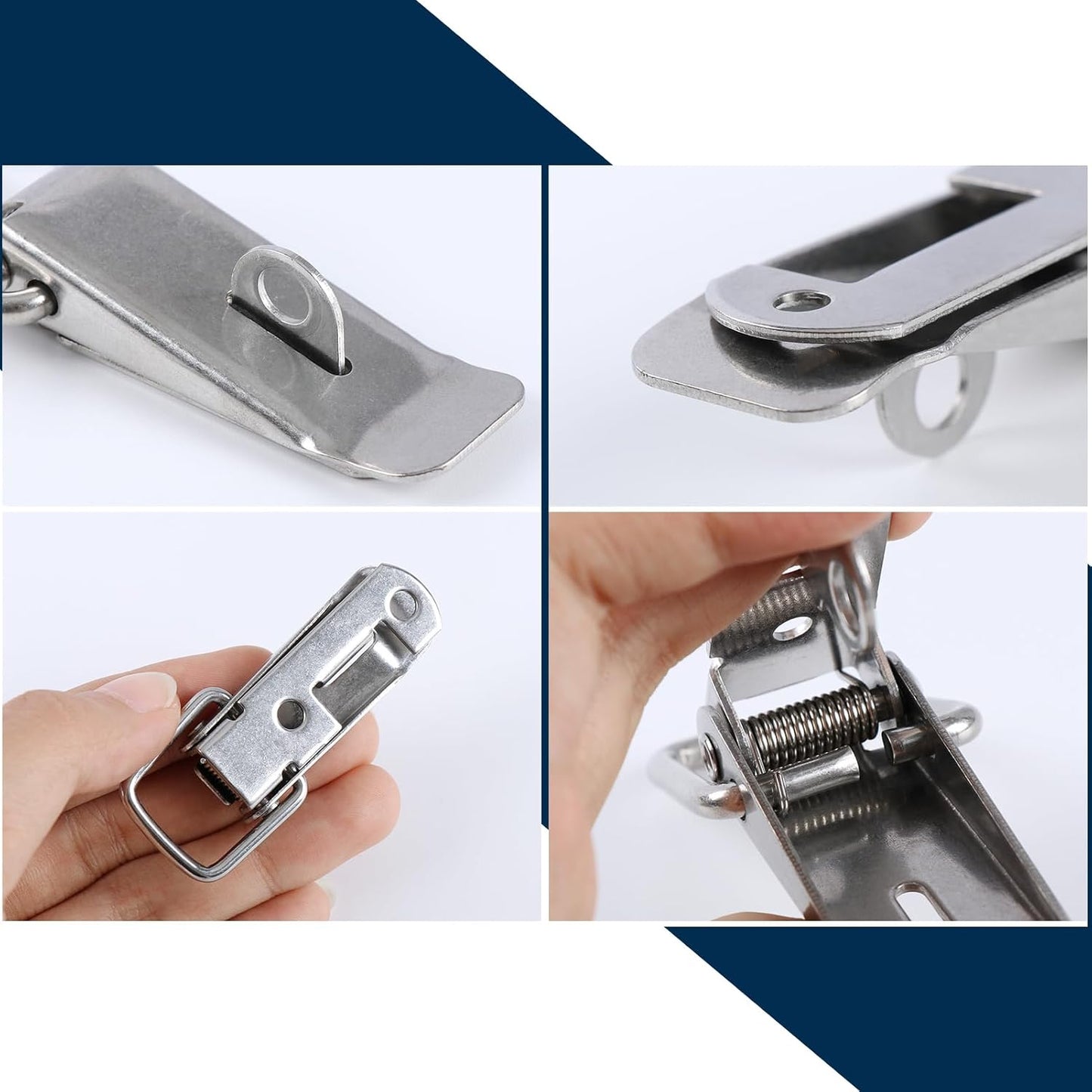 Large Silver Stainless Steel Spring Loaded Toggle Latch Catch with Padlock Hole for Cabinets, Wooden Cases, Toolboxes - 8 Pack