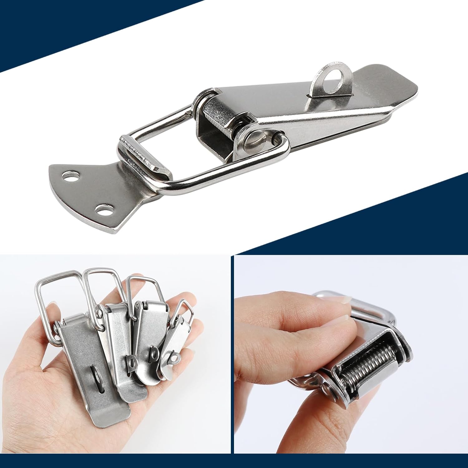 Large Silver Stainless Steel Spring Loaded Toggle Latch Catch with Padlock Hole for Cabinets, Wooden Cases, Toolboxes - 8 Pack