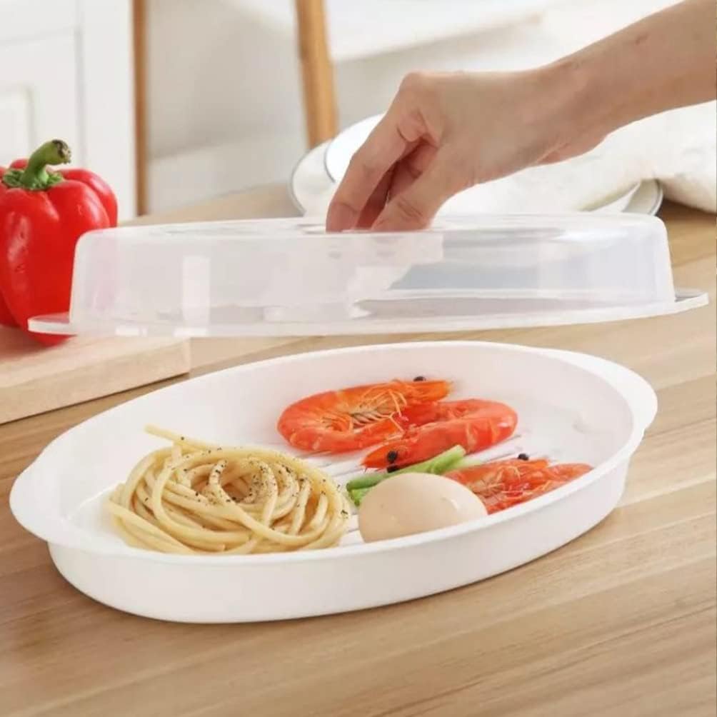 Large Steamed Fish Plate with Hair Steamer Basket Set - Microwave Safe, White Cooking Pot for Dumplings and Fish