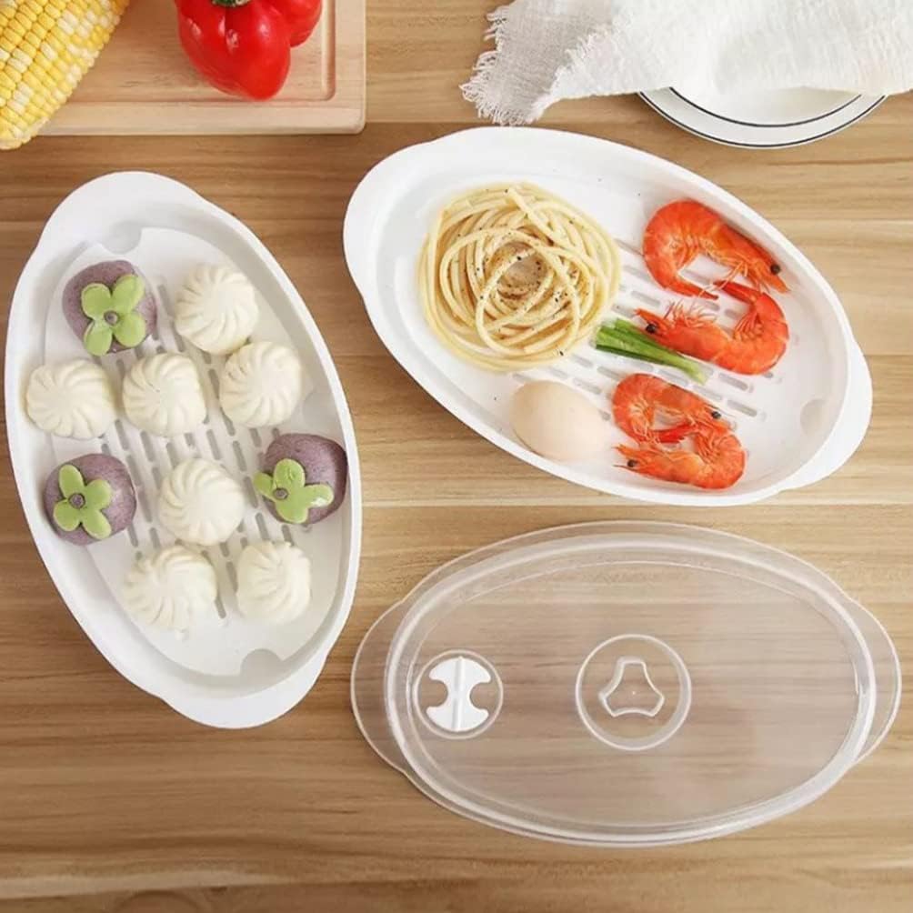 Large Steamed Fish Plate with Hair Steamer Basket Set - Microwave Safe, White Cooking Pot for Dumplings and Fish