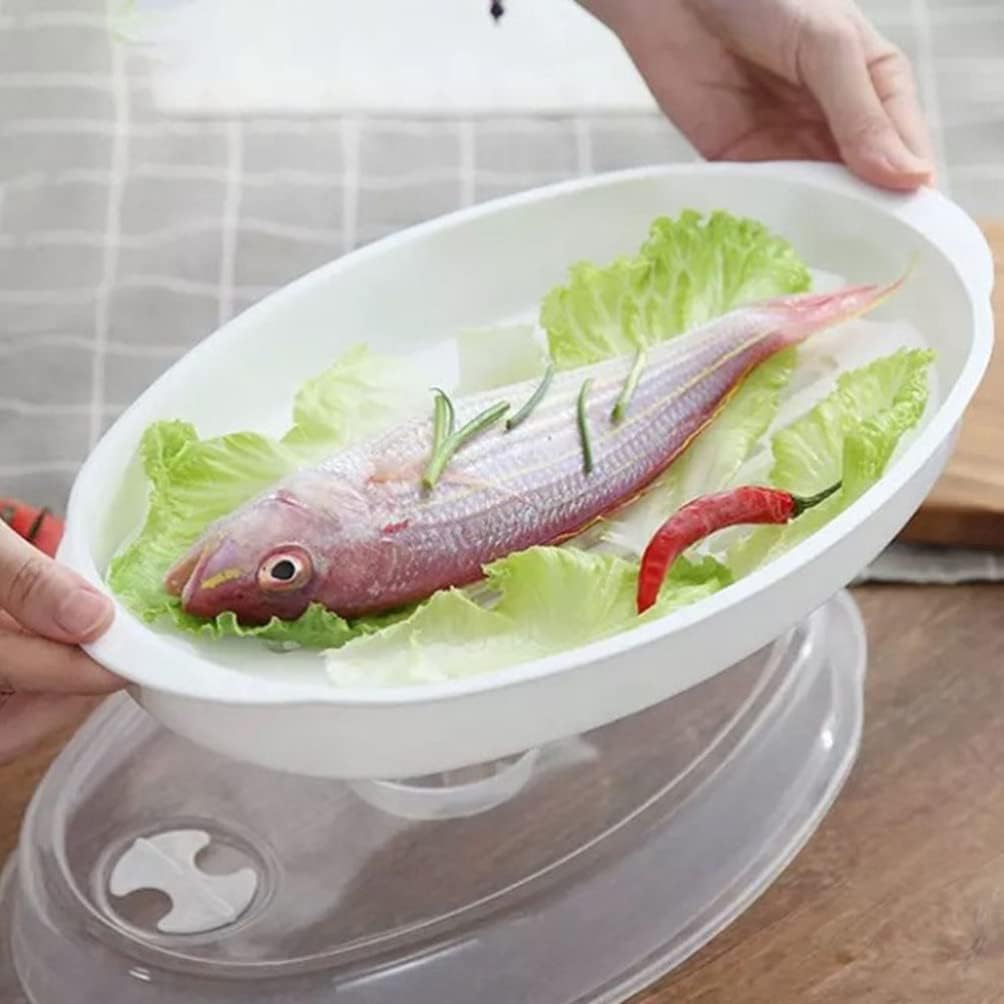 Large Steamed Fish Plate with Hair Steamer Basket Set - Microwave Safe, White Cooking Pot for Dumplings and Fish